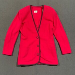 Eva Blazer Jacket Women S Pink Ribbed Knit V-Neck Contrast Trim Barbiecore 80s